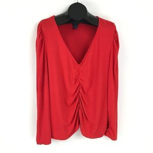 Rue+ Ruched V-Neck Top Women's Plus Size 4X Red Stretch Ribbed Knit Holiday